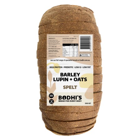A photo of a sliced loaf of Bodhi's Barley Lupin Oats and its label