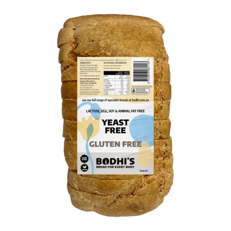 A sliced loaf of Bodhi's Gluten Free Yeast Free Bread and its label