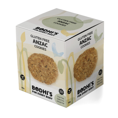 A photograph of a box of Bodhi's Gluten Free Anzac Cookies