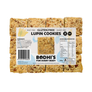 A photograph of 12 Bodhi's Gluten Free Lupin Cookies (1 pack) with the paper label.