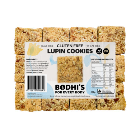 A photograph of 12 Bodhi's Gluten Free Lupin Cookies (1 pack) with the paper label.