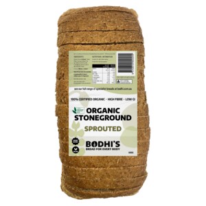 A sliced loaf of Bodhi's Organic Stoneground Bread and its label