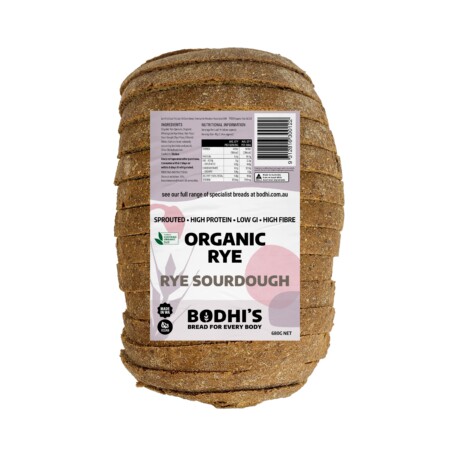A sliced loaf of Bodhi's Organic Rye Sourdough bread and its label