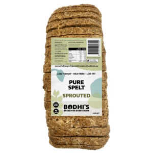 A photo of Bodhi's Pure Spelt Sprouted Bread with its label.