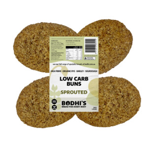 A photo of four Bodhi's Low Carb Buns and the label