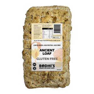 A photo of Bodhi's Gluten Free Ancient Sliced Bread Loaf with its label