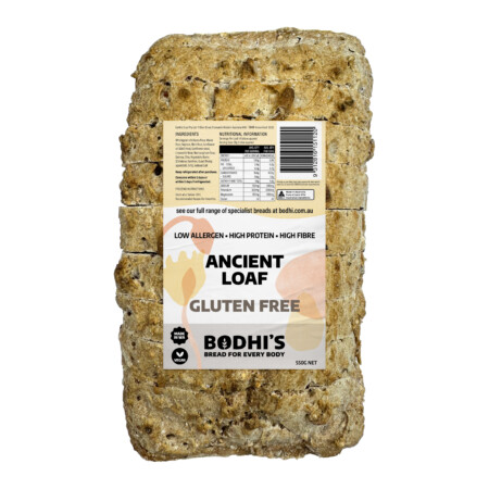 A photo of Bodhi's Gluten Free Ancient Sliced Bread Loaf with its label