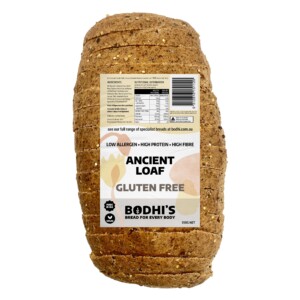 A photo of a sliced loaf of Bodhi's Gluten Free Ancient Loaf