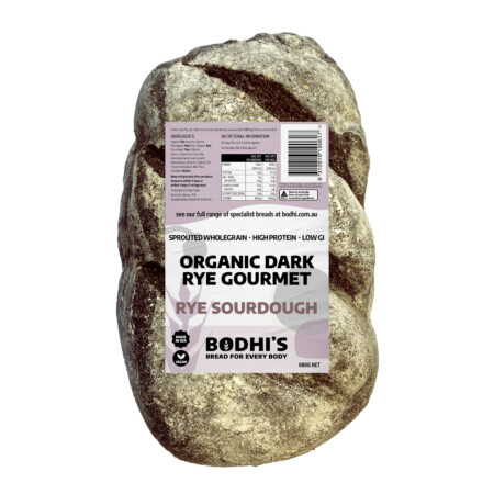 A loaf of Bodhi's Organic Dark Rye Gourmet Sourdough Bread