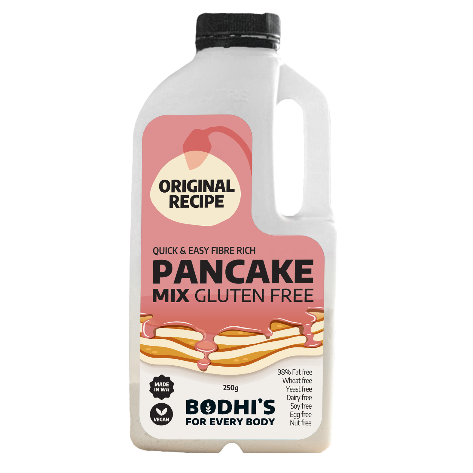 A photo of Bodhi's Gluten Free Original Fibre Rich pancake mix in an easy mix bottle - add liquid, shake and cook.