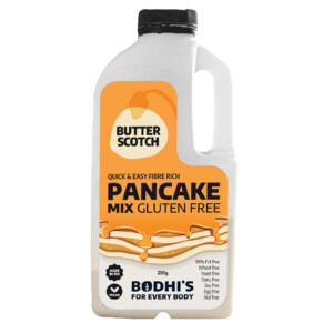 A photo of Bodhi's Gluten Free Butterscotch pancake mix in an easy mix bottle - add liquid, shake and cook.