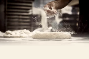 A baker dusting sprouted wholegrain dough before hand-kneading