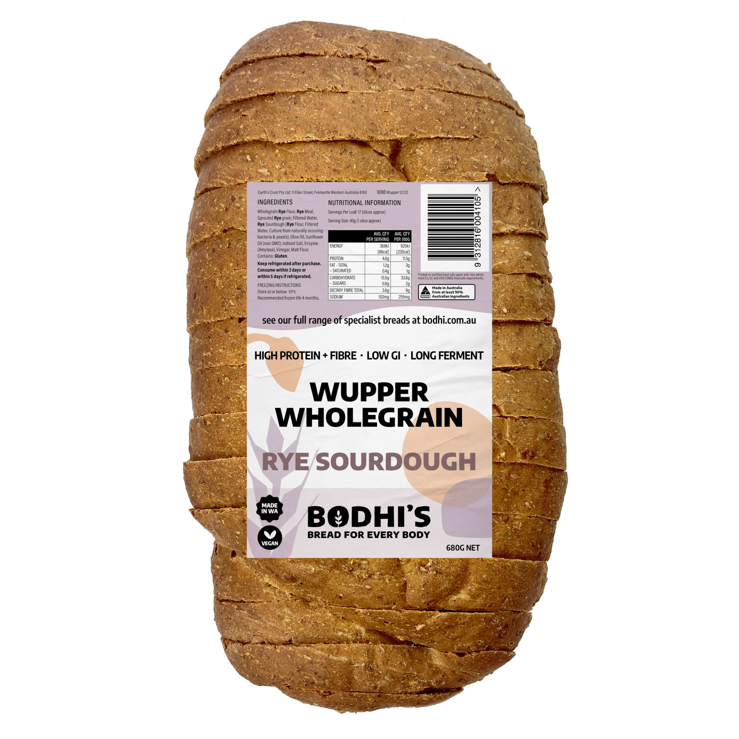 A photo of Bodhi's Wupper Wholegrain Rye Sourdough Bread with a label
