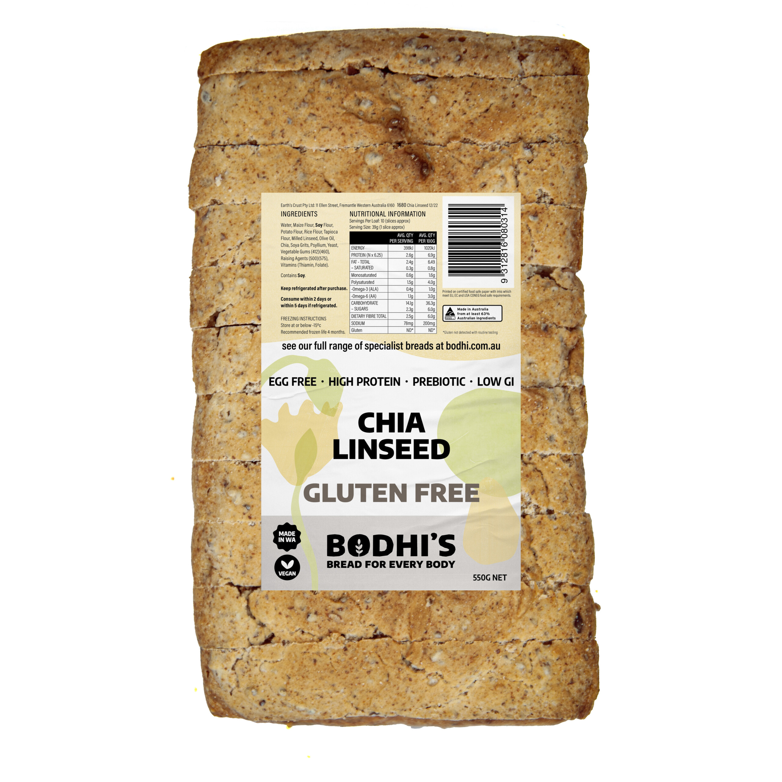 A photo of a sliced loaf of Bodhi's Gluten Free Chia Linseed Bread and its label