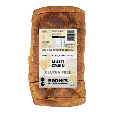 A sliced loaf of Bodhi's Gluten Free Multigrain Bread and its label