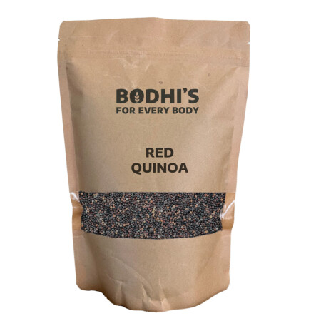A photograph of a pack of Bodhi's red quinoa.