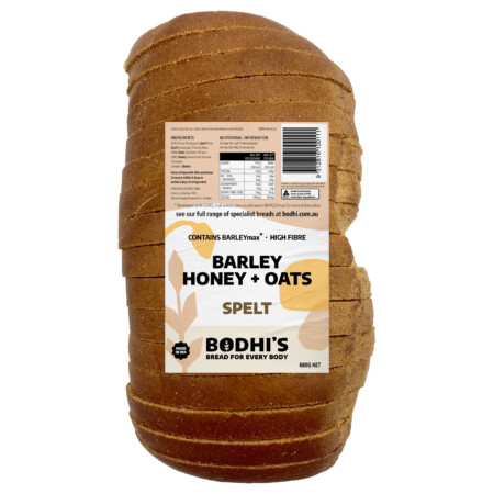 A photo of a sliced loaf of Bodhi's Barley Honey + Oats bread