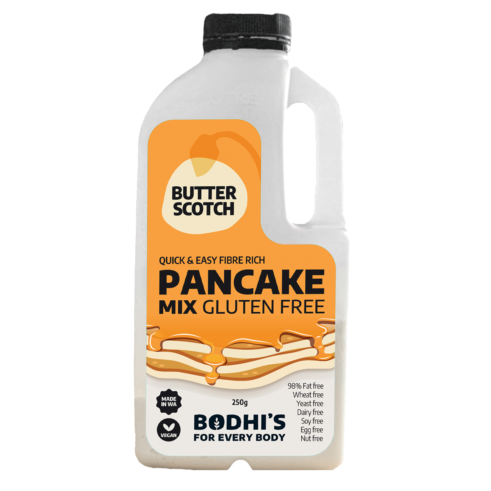 A photo showing a shake and make bottle with Bodhi's Gluten Free Butterscotch Pancake mix 