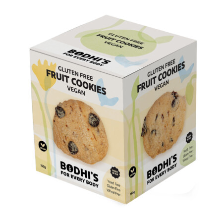Photo of a box of Bodhi's Gluten Free Vegan Fruit Cookies showing the cookies with sultanas and raisins