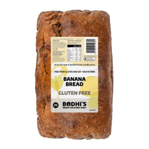 A photo of Bodhi's delicious gluten free banana bread made with whole bananas and no added sugar with the label.